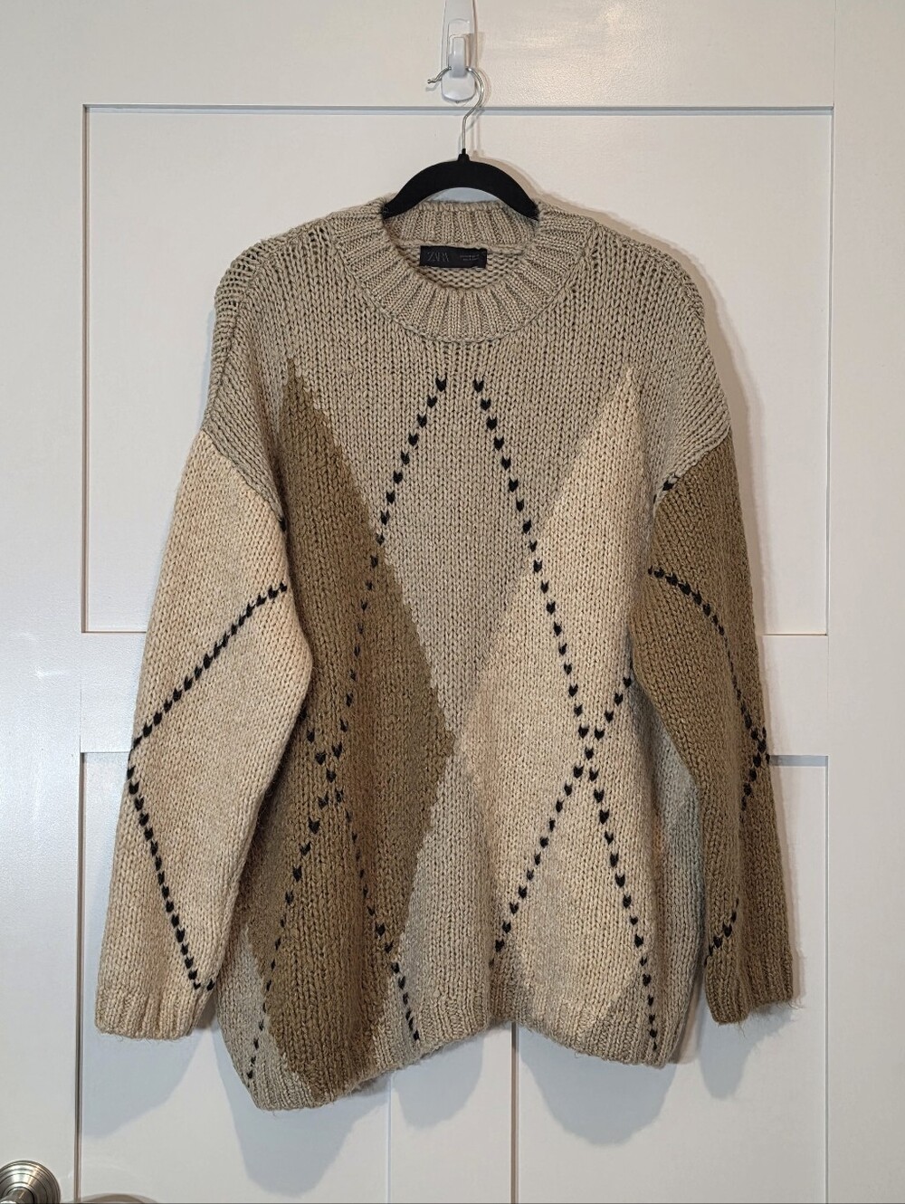 Zara Oversized Argyle Diamond Knit Sweater Beige Cream Camel Brown Size Medium